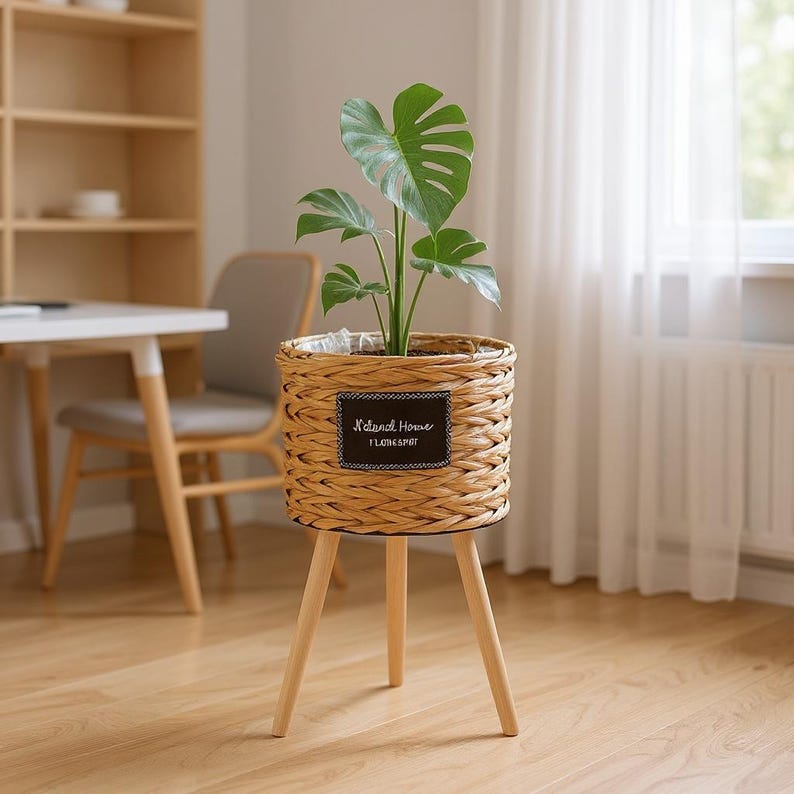 May include: A woven wicker plant pot with a Monstera plant, set on a three-legged wooden stand. The pot has a black label that reads "Natural Home I LOVE SPOT". The plant has large, green, heart-shaped leaves.