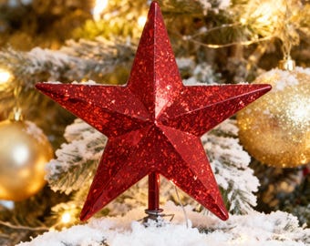Adorno rojo para la punta del árbol de Navidad, Estrella roja para la punta del árbol, Estrella brillante para la punta del árbol, Estrella navideña para la punta del árbol, Adorno de estrella navideña, Estrella roja brillante para el árbol