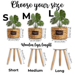 May include: Image shows three sizes of woven plant pots with green plants, labeled S, M, and L. Dimensions are provided in inches and centimeters. Below are three wooden-legged tables, labeled Short, Medium, and Long, with measurements in inches and centimeters. The text "Choose your size" is at the top.