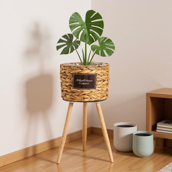 Wicker planter, Jute planter, Basket plant pot, Boho plant stand, Woven planter, Plant pot with legs, Floor plant holder, Tall plant stand
