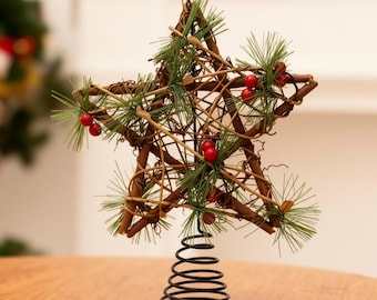 Adorno rústico para la punta del árbol de Navidad, Estrella de madera para la punta del árbol, Adorno natural para la punta del árbol, Estrella navideña rústica, Estrella de piñas para la punta del árbol, Adorno navideño de estilo campestre