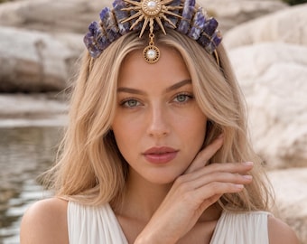 Goddess Crown, Crystal Crown, Sunburst Tiara, Festival Headpiece, Raw Gemstone Crown, Celestial Headpiece, Boho Tiara, Solar Crown