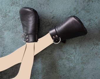 BDSM-uitrusting vuisthandschoenen, leren dwanghandschoenen, erotische bondagehandschoenen, kinky leren wanten, zwarte leren wanten, fetisj-beperkingsaccessoires