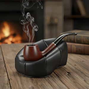 May include: A smoking, brown wooden pipe with a black stem rests in a black leather ashtray. Wisps of smoke rise from the pipe. The scene is set on a wooden table with a fireplace and books in the background.