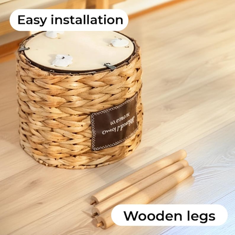 May include: Woven wicker stool with a light-colored top and decorative accents. The stool has a brown label with text and comes with three wooden legs. The text "Easy installation" and "Wooden legs" are also visible.