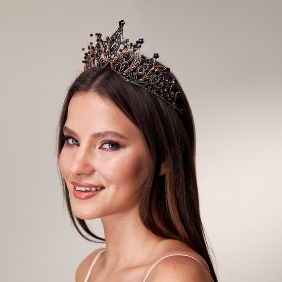 Queen tiara, Cosplay tiara, Princess tiara, Hair accessories, Black crown headpiece, Black rhinestones, Gothic crown, Vampire headband