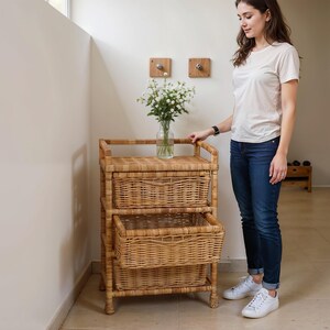 Op de afbeelding: Een lichtbruine opbergkast van riet met twee uitschuifbare manden. De kast heeft een bovenste plank met een glazen vaas met witte bloemen. De kast is gemaakt van geweven riet en heeft een natuurlijke afwerking.