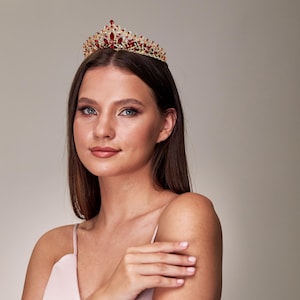 Red rhinestone tiara crown, Red gold tiara, Bridal tiara, Princess tiara, Queen tiara, Bridal hair piece, Hair accessories, Bridal headpiece
