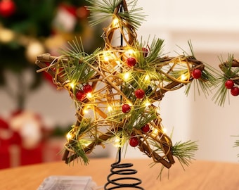 Estrella de Navidad para la punta del árbol, Estrella iluminada para la punta del árbol, Estrella rústica para la punta del árbol, Estrella LED para la punta del árbol, Adorno de estrella para la punta del árbol, Adorno navideño para la punta del árbol