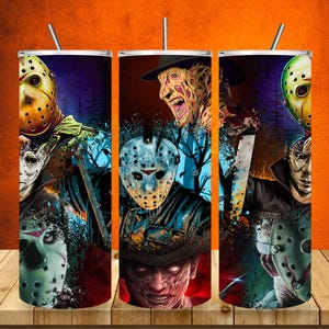 Horror Movie Tumbler 20 oz Slasher Cup with Jason Freddy & More Halloween Horror Fan Gift Stainless Steel Tumbler with Lid and Straw