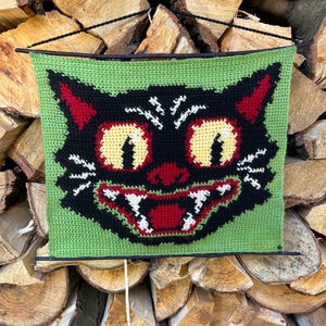 May include: A crocheted wall hanging featuring a black cat with large, yellow eyes and a wide, toothy grin. The cat's face is against a green background.