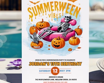 Summerween Birthday Invitation Skeleton Pool Party Editable Template