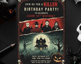 Plantilla editable de invitación para fiesta de cumpleaños de asesinos con temática de película de terror