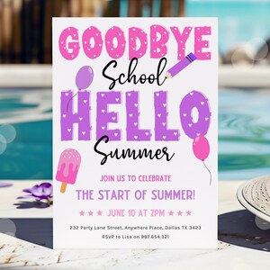 End of School Party Invitation, Hello Summer, School’s Out, Boho, Digital Instant Template, Pool Party Invite, Schools out, Goodbye School