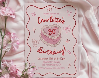 Editable Pink and Red Heart Cake Birthday Invitation Any Age