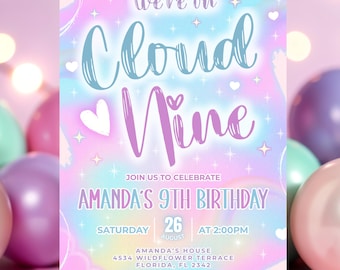 Invitación de cumpleaños número 9 de Cloud Nine en tonos pastel neón para fiestas de niñas (plantilla editable)