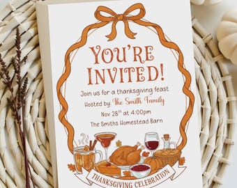 Thanksgiving Editable Invitation, Friendsgiving Dinner Party Invite, Fall Feast Printable, Festive, Bow, Turkey, Editable Canva Template