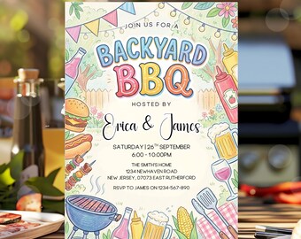 May include: A colorful invitation for a backyard BBQ, featuring the text "BACKYARD BBQ" in playful lettering. The design includes illustrations of burgers, hot dogs, and grilling tools, with the hosts' names and event details.