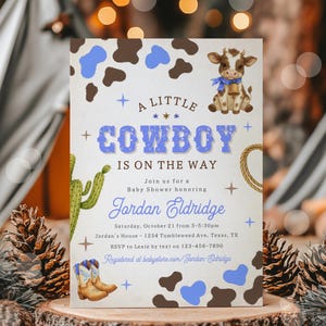 Editable a Little Cowboy Baby Shower Invitation, Blue Baby Shower, Wild West Baby Shower Invite, Cow Boy, Canva Template Instant Download
