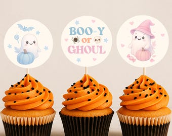 Editable Halloween Gender Reveal Cupcake Toppers, Baby Shower Party Topper, Boo-y or Ghoul, Boy or Girl, Canva, Instant Download