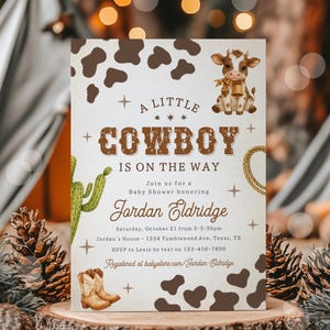 Editable a Little Cowboy Baby Shower Invitation, Baby Shower, Wild West Baby Shower Invite, Neutral Cow Boy, Canva Template Instant Download
