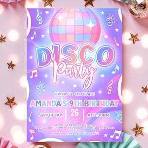 Editable Disco Party Invitation, Pastel Neon Glow Disco, Dance Party, Girls Birthday Invite, Pink Purple Invitation, Canva Instant Download