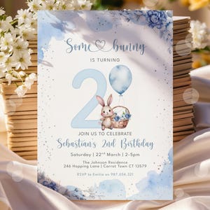 Some Bunny is Two Invitation, 2nd Birthday Boy Invitation, 2nd Birthday Invite, Bunny Birthday Invitation, Printable Digital Template