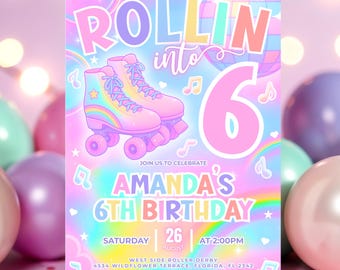 Editable Roller Skating 6th Birthday Party Invitation, Rollin' Into Six Pastel Neon Glow Skating Party Roller Rink Disco, Instant Download