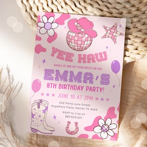 Editable Pink Cowgirl Birthday Party Invitation, Yee Haw Cowgirl Party, Rodeo Birthday, Printable Canva Cowgirl Birthday Invitation Template