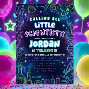 Op de afbeelding: Een uitnodiging voor een feestje met een ruimtethema en kleurrijke ballonnen. De uitnodiging kondigt een verjaardagsfeestje aan voor Jordan, die 5 jaar wordt. Het bevat de datum, tijd en RSVP-informatie, met de oproep "Little Scientists!"