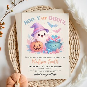 Editable Halloween Gender Reveal Invitation, Little Boo, Baby Shower, Boo-y or Ghoul Gender Reveal, Ghost, Blue and Pink, Instant Download