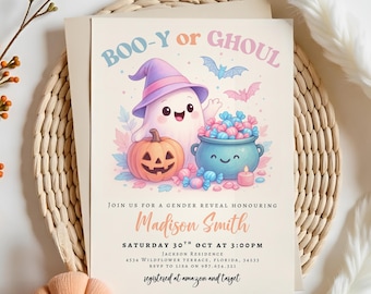Editable Halloween Gender Reveal Invitation, Little Boo, Baby Shower, Boo-y or Ghoul Gender Reveal, Ghost, Blue and Pink, Instant Download
