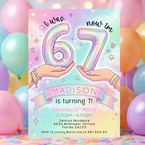 I Was 6 Now I'm 7 Birthday Invitation Rainbow Pastel 6-7 7th Party Editable Invite