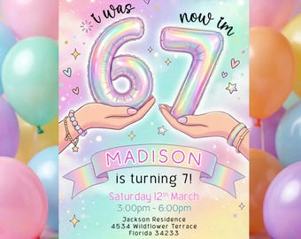 Invitación de cumpleaños "Tenía 6 años y ahora tengo 7", arcoíris pastel, 6-7, invitación editable para séptima fiesta.