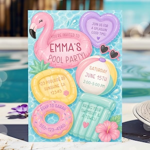 Op de afbeelding: Een kleurrijke uitnodiging voor een zwembadfeest met ontwerpen van flamingo, hart, ananas, strandbal, donut en zwembad drijver. De uitnodiging bevat de tekst "EMMA'S POOL PARTY!" en evenementdetails.