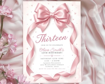 Invitación de cumpleaños con lazo rosa para niñas. Plantilla editable para cualquier edad.