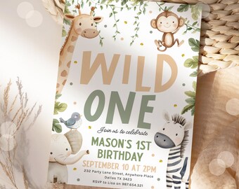 Wild One Safari 1st Birthday Invitation Editable Template Invite Gender Neutral