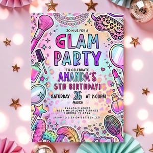Glam Party Invitation Girls Glitter Rainbow Leopard Print Invite Editable Canva Template