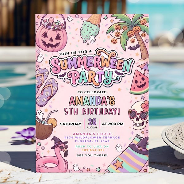 Summerween Birthday Invitation Pool Party Invite Editable Template Canva