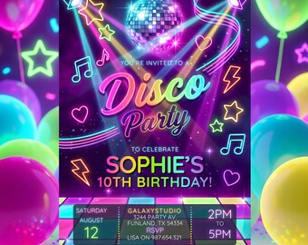 Disco Party Birthday Invitation Neon Glow Dance Girls Editable Invite Canva Template