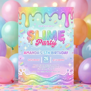 Slime Party Birthday Neon Pastel Rainbow Invitation Editable Glitter Bubble Template