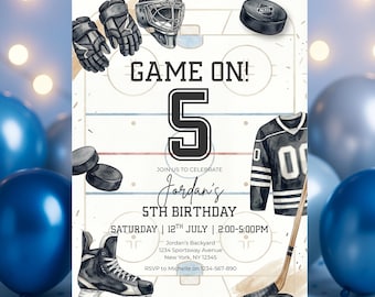 Invitación de cumpleaños de hockey, invitación editable para fiesta de juego, temática deportiva, cumpleaños de hockey infantil, descarga instantánea, plantilla digital