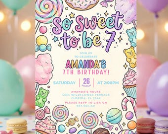 Girls Candy Birthday Invitation Pastel Girl So Sweet Party Invite AGE EDITABLE