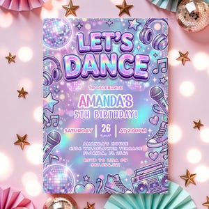 Inbjudan till födelsedagsfest med holografisk skimrande pastell neon och disco, redigerbar mall