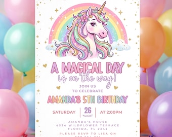 Könnte beinhalten: Eine Geburtstagseinladung mit einer Einhorn-Illustration, einem Regenbogen und dem Text "A Magical Day is on the way!". Die Einladung ist für Amandas 5. Geburtstag, mit Datum, Uhrzeit und Ort.