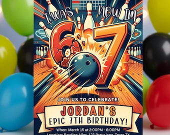 7th Birthday Bowling Invitation I Was 6 Now I'm 7 67 Invite Editable Canva Template