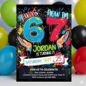 Boys 7th Birthday Invitation 6-7 Party Invite Neon Graffiti Editable Template