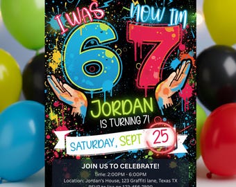 Boys 7th Birthday Invitation 6-7 Party Invite Neon Graffiti Editable Template