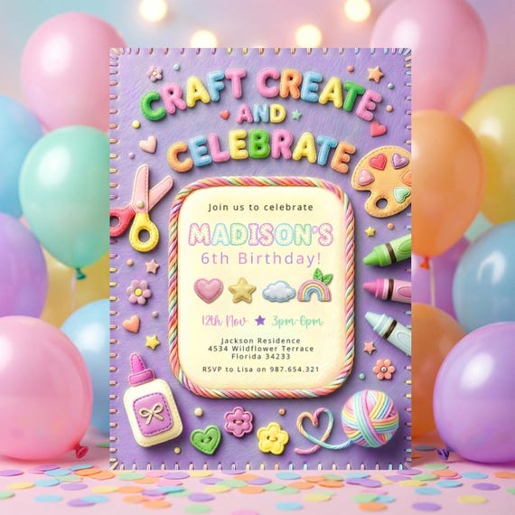 Craft, Create and Celebrate Party Invitation Arts and Crafts Girls Pastel Birthday Invite Template