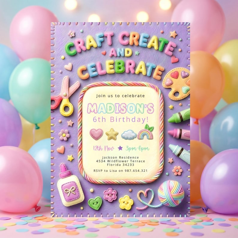 Plantilla de invitación para fiesta de cumpleaños con temática de manualidades y manualidades para niñas en tonos pastel. imagen 1